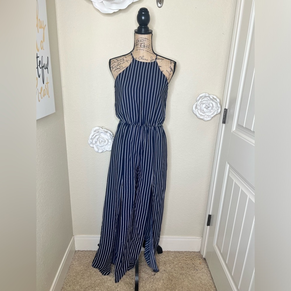 NTM: Peach Love California Navy & White Striped Halter Romper with Slits Sz S